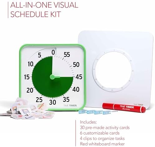 TIME TIMER Visual Schedule Package - 8-inch 60 Minute Visual Routine Timer with Dry Erase Board, PECS Cards, and Whiteboard Marker - for Kids Desk, Classroom, Home, and Routines (Green)