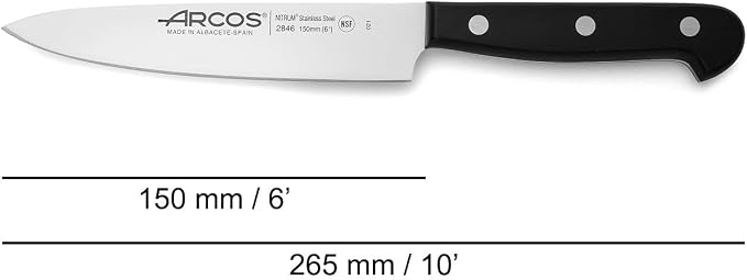 Arcos Chef Knife 6 Inch Stainless Steel. Cooking Knife to Cut and Peel Small Food. Ergonomic Polyoxymethylene Handle and 150mm Blade. Series Universal. Color Black
