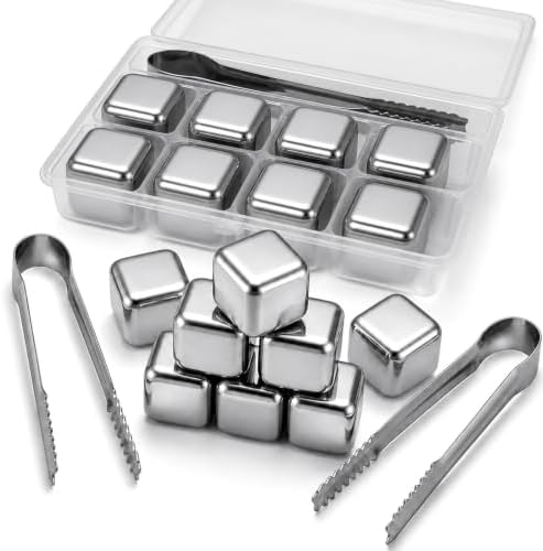 Reusable Stainless Steel Whiskey Ice Cubes 16 Pack with Storage Tray & Anti-Slip Tongs, Metal Chilling Stones No Dilution for Bourbon Scotch Cocktails Home Bar Accessories