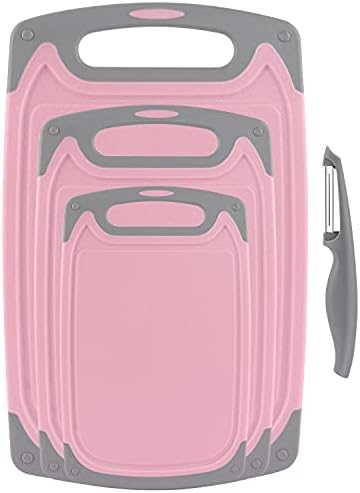 Cutting Boards for Kitchen, Plastic Chopping Board Set of 4 with Non-Slip Feet and Deep Drip Juice Groove, Easy Grip Handle, Dishwasher Safe, BPA Free, Non-porous(Pink/Gray)