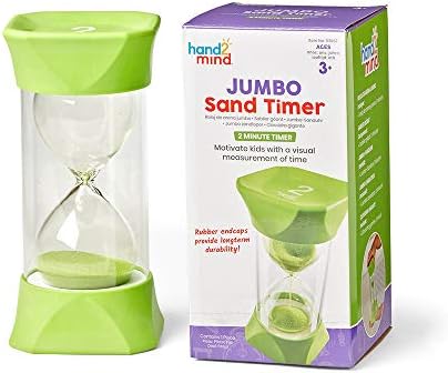 hand2mind Green Jumbo Sand Timers, 2 Minute Sand Timer, Hourglass Sand Timer with Soft Rubber End Caps Offers Quiet Pausing, Classroom Sand Timers for Kids, Teeth Brushing and Game Timer (Set of 1)