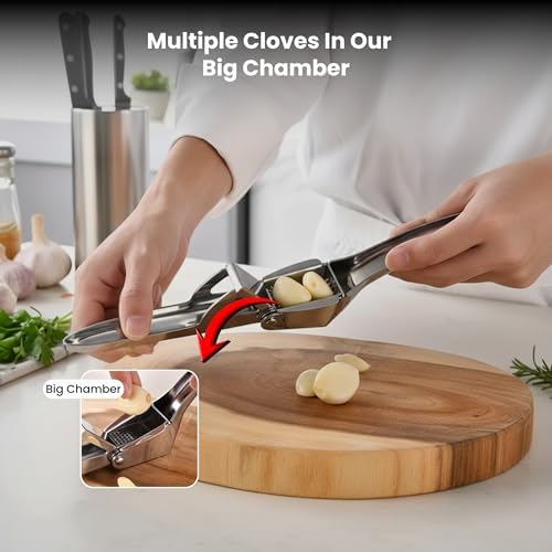 Garlic Press Stainless Steel – Heavy Duty No-Peel Garlic Crusher & Mincer, High Capacity Chamber, Rust-Free 304 Steel, Easy Clean & Dishwasher Safe Clove Crusher & Hand Mincer
