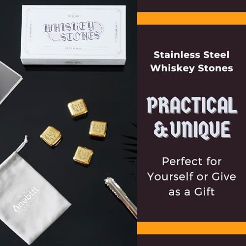 Onebttl Whiskey Stones Golden with Initial - 4pcs Stainless Steel Ice Rocks, Unique Gift for Men Women, Perfect for Whisky Lovers for Christmas, Birthday,R