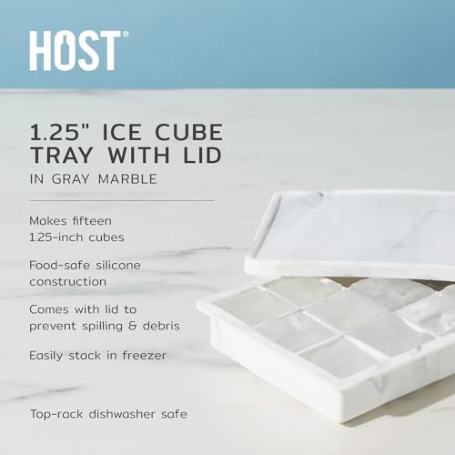 Host Ice Cube Tray with Lid, Makes 15 1.25" Cubes, Durable Silicone Trays, Perfect for Cocktails, Beverages, Mocktails, Iced Coffee, Tea, Infused Water, Kitchen Essentials, Set of 1, Marble