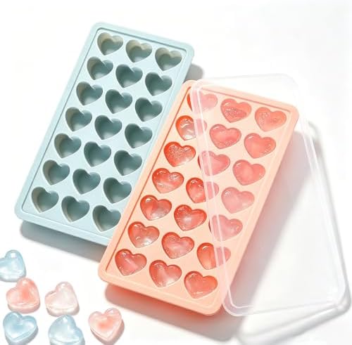 2 Pack Heart-Shaped Ice Cube Trays - 42 Holes Silicone Heart Ice Cube Tray with Lid, BPA Free and Dishwasher Safe, Mini Fun Ice Cube Mold, Easy to Remove (Pink + Blue)