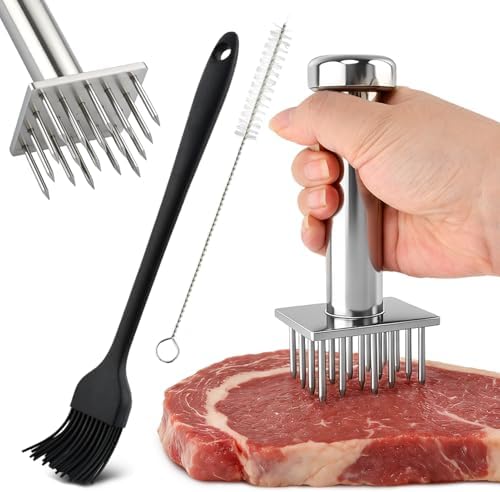 Stainless Steel Meat Tenderizer Tool with 18 Sharp Needles, Marinating Prep Tool with free cleaning brush, Durable Meat Mallet Hammer for Tenderizing Steak, Beef, Chicken, Pork(Silver)