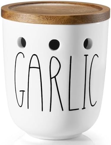 Ceramic Garlic Keeper for Counter, Garlic Holder with Acacia Wood Lid, Farmhouse Garlic Storage Container, Garlic Saver for Kitchen, White