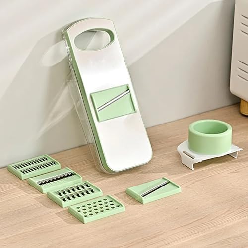 Multipurpose Compact Kitchen Mandoline Vegetable Slicer, Cutter, Cabbage Shredder, Cheese Shredder, with Container. Includes a Cut Resistant Glove & Super Sharp Potato Peeler. Stainless Steel Surface.