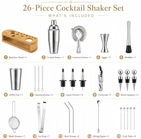 Semderm Cocktail Shaker Set, 26-Piece Premium Mixology Bartender Kit - 18/8 Stainless Steel Bar Set with Bamboo Stand - Includes Mixing Tin, Hawthorne & Mesh Strainer - Professional Gift for Men