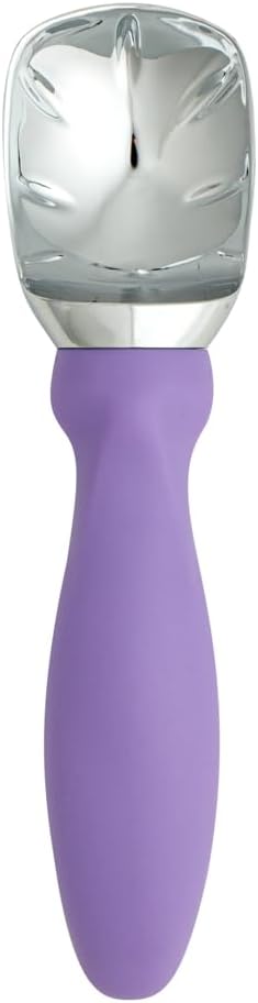 Restaurantware Comfy Grip 7.9 x 2 Inch Kitchen Ice Cream Scoop 1 Heavy-Duty Ice Cream Disher - Ergonomic PP Handle Dishwashable Purple Metal Ice Cream Spade With Lid Opener Notch Multi-Use