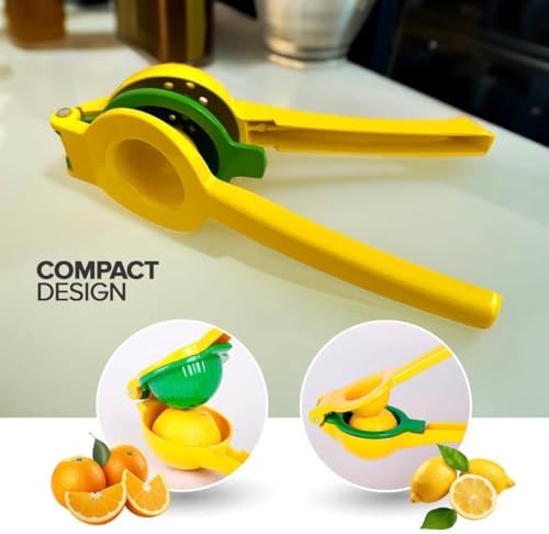 Lemon Squeezer Metal 2-In-1 Manual Citrus Juicer, Max Juice Extraction, Gets Every Last Drop, Easy to Clean, Durable Aluminum Hand Press for Lemon & Lime, Yellow, JBK