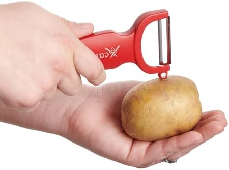 CatCora Swiss-Style Peeler, Professional German Tempered Stainless Steel Blade For Peeling Fruits and Vegetables and Garnishing, Ergonomic Contoured Handle, Red, Set of 2