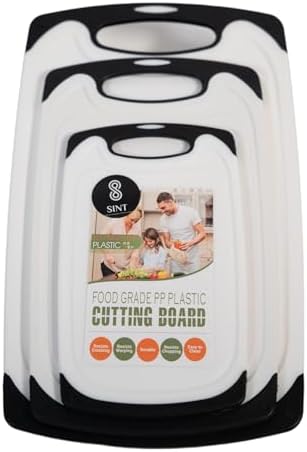 SINT Cutting Board Set of 3 for Kitchen, Plastic Chopping Board, Thick Chopping Boards for Meat, Veggies, Fruits, with Easy Grip Handle with Dishwasher Safe, White & Black