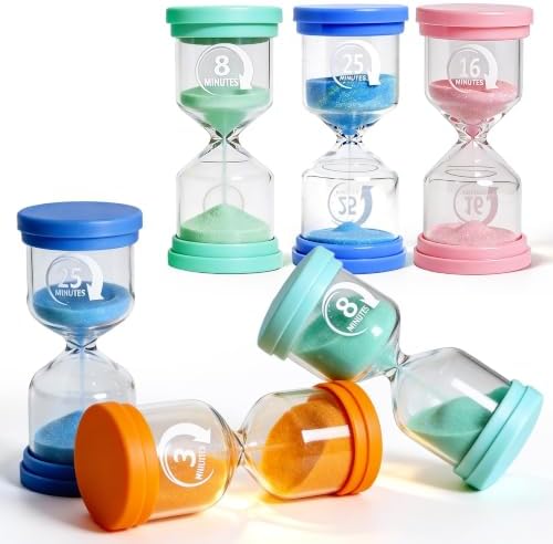 PROLOSO Sand Timers Set 4 Pcs Colorful Hourglass 3 Mins / 8 Mins / 16 Mins / 25 Mins Sandglass Glow in the Dark Sand Clock for Classroom Home Office