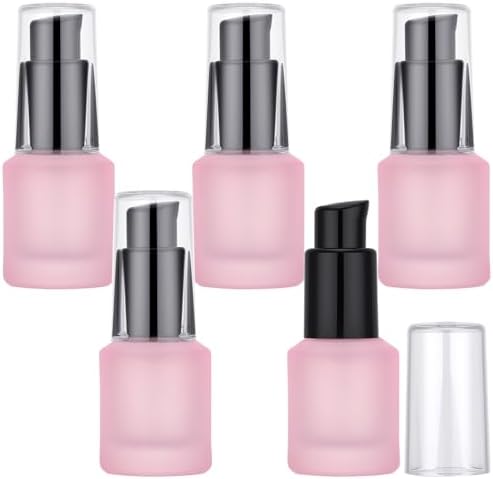 Segbeauty 0.5oz Frosted Glass Lotion Pump Bottles, 5pcs Refillable Empty Travel Size Bottles for Lotions, 15ml Pink Glass Small Travel Containers for Creams, Mini Hair Oil Bottle Pump Dispenser