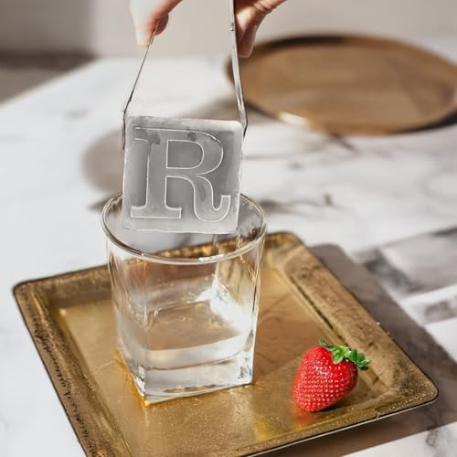 Monogrammed Ice Cubes Mold with Lid, 2 inch Whiskey Ice Cube Tray, Personalized Initials Silicone Cocktail Ice Cube Mold, Wedding Monogram, Thank You Gift, Gifts for Dad (Letter R)
