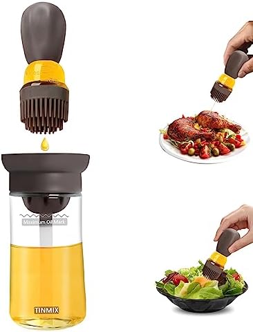 Oil Dispenser with Brush - 2 IN 1 Glass Olive Oil Dispenser for Cooking, Upgrade T-OB21S Oil Dispensing Bottle with Silicone Basting Brush for Vinegar Sauce BBQ Grill Frying Kitchen, Brown