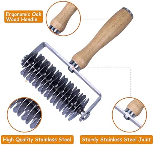 Stainless Steel Pastry Lattice Cutter, Lattice Dough Wheel Cutter with Wooden Handle, Roller Cutter for Lattice Pie Crust, Beef Wellington, Metal Pastry Dough Slicer for Bread, Pizza, and Puff Pastry