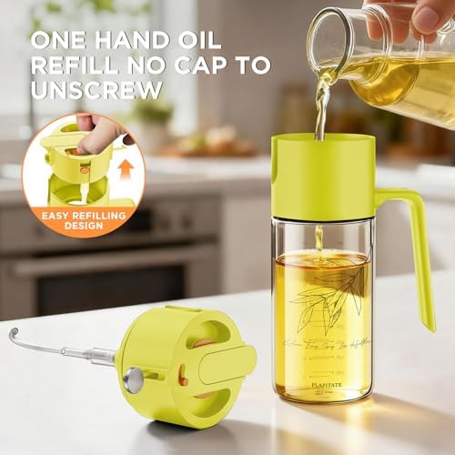 PLAPITATE 17oz/500ml Premium Olive Oil Sprayer for Cooking, 2 in 1 Glass Olive Oil Dispenser Bottle for Kitchen Gadgets, Spray Bottle with Portion Control for Salad, Frying, BBQ (Lime Yellow)