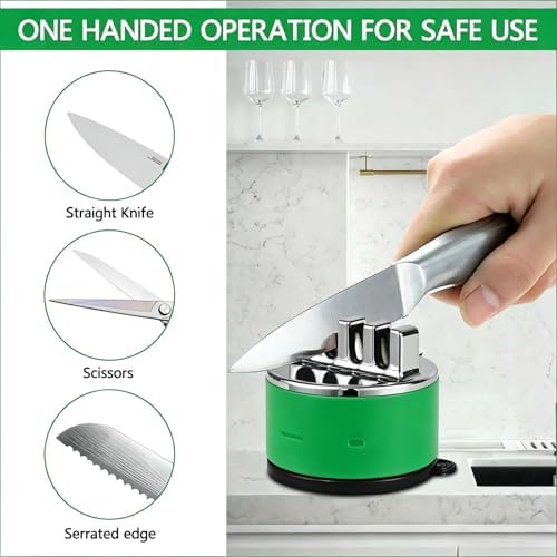 VIRO Compact Suction Kitchen Chef Knife Scissors Sharpener for Straight & Serrated Knives, 4-Stage Knife Sharpening Tool Helps Repair and Restore Blades, Grass Green