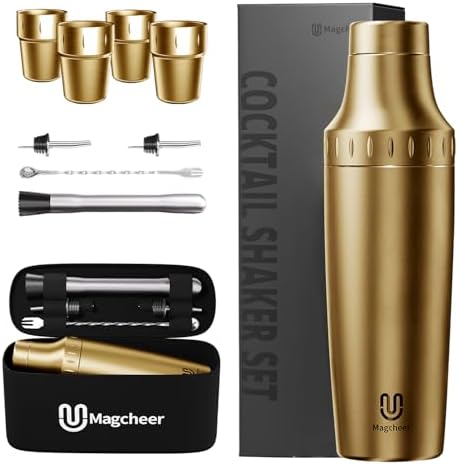 Hybrid Cocktail Shaker Set with Stackable Cups | Vacuum Insulated Stainless Steel Martini Shaker & Bartender Tools | Travel-Ready Kit | 30oz | Gold