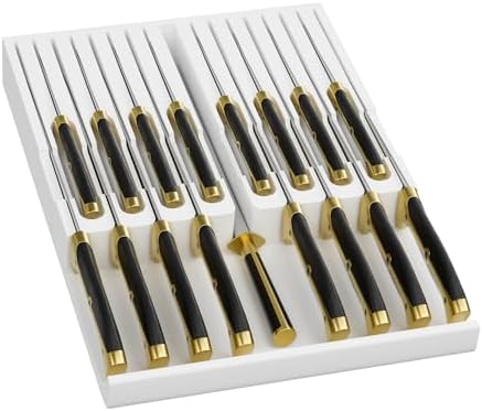 Domax Bamboo In-drawer Knife Block - Kitchen Knife Drawer Organizer Insert, Knife Holder without Knives Large, Drawer Knife Organizer Fits for 16 knives and 1 Sharpening Steel (Not Included), White