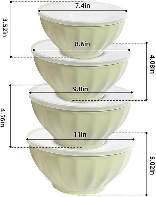 Mixing Bowls with Lids Set,Plastic Prep Bowl with Lid,Mixing Bowl Set for Kitchen Cooking, Baking,Storage Food,4 Big Nesting Bowls and 1 Egg Whisk,Stackable，Green