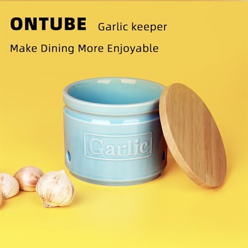 ONTUBE Ceramic Garlic Keeper with Wooden Lid 4-Inch,Garlic Holder (Turquoise)