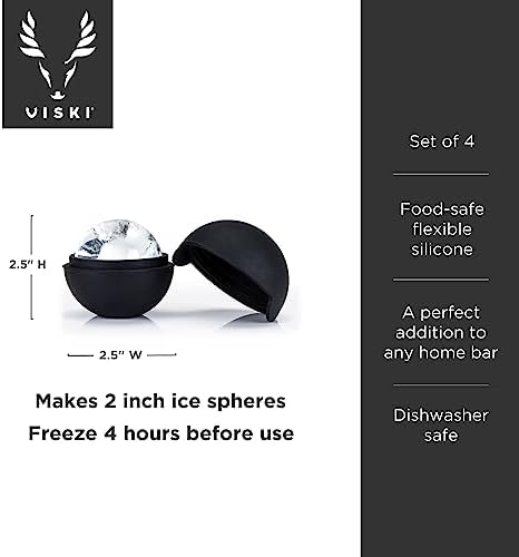 Viski Sphere Ice Molds, Large 2 Inch Silicone Ice Ball Makers for Whiskey, Bourbon, Scotch, and Cocktails, Easy Release Round Mold Set for Drinks, Home Bar Gifts, Bar Cart Accessories, Set of 4