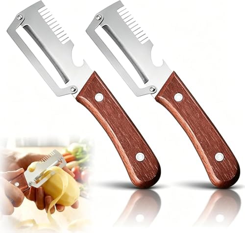 Multifunctional Vegetable Peeler, 3-in-1 Stainless Steel Potato Peeler with Julienne Cutter & Bottle Opener, Wide Blade Kitchen Peeler for Carrot, Cucumber, Potato, Kitchen & Camping Use (2PCS)