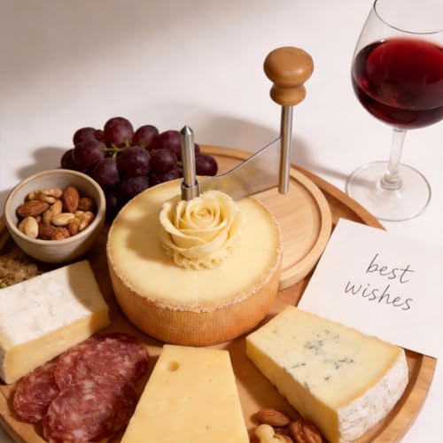 Cheese Curler Wheel Cheese Shaver for Tête de Moine Flower Wooden Base Stainless Steel Blade Cheese Curler Slicer Chocolate Cutting Tool for Restaurants Cafes Dessert Shops Home for gifts