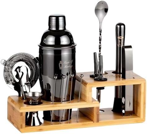 Bartender Kit with Cocktail Shaker, Stylish Bamboo Stand, Liquor Pourers for an Perfect Drink Mixing Experience - 14 Piece Barware Essentials Cocktail Shaker Set (Dark Metallic)