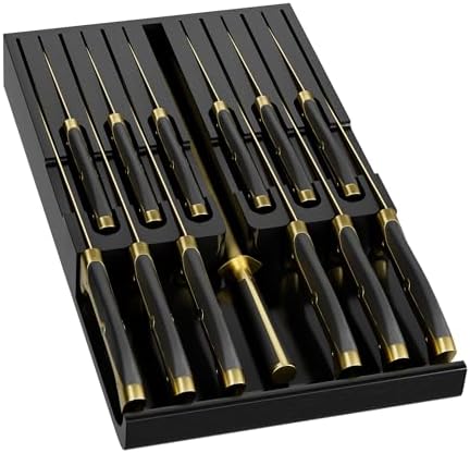 Domax Bamboo In-Drawer Knife Block - Kitchen Drawer Organizer Insert, Steak Knife Holder without Knives, Fits 12 Knives and 1 Sharpening Steel (Not Included), Black