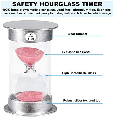 Hourglass Timer Sand Clock 30 Minute: Silver Plastic Sand Watch 30 Min, Hour Glass Sandglass Timer for Kids, Games, Classroom, Kitchen, Decoration (Pink Sand)