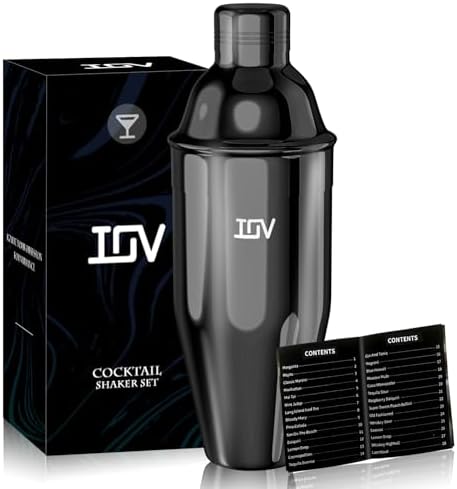 IOV Cocktail Shaker, 24 oz Martini Shaker, Drink Mixer with Built-in Strainer, Professional Stainless Steel Margarita Alcohol Shaker with Cocktail Recipe Guide, Bartender Kit Gifts, Black