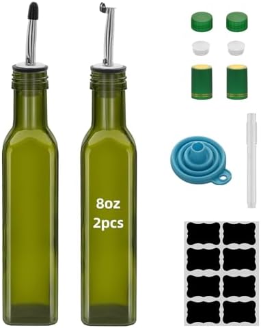 2Pcs Green 8 oz Olive Oil Dispenser Bottle,250 ml Glass Oil and Vinegar Dispenser Set with Pourers and Funnel ，Oil Bottles for Kitchen Large capacity oil bottles (2)