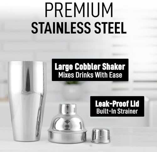 Zulay Cocktail Shaker (24oz) 18/8 Stainless Steel Martini Shaker with Built-in Strainer - Professional Grade Drink Shaker and Strainer for Bartending & Homebars (Silver)