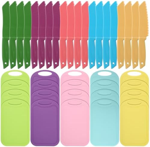 40 Pcs Kids Plastic Knife Set with Cutting Board Toddler Knife Tools, Including 20 Child Safe Knife 20 Chopping Board Kids Cooking Utensils for Cooking Club, Preschool