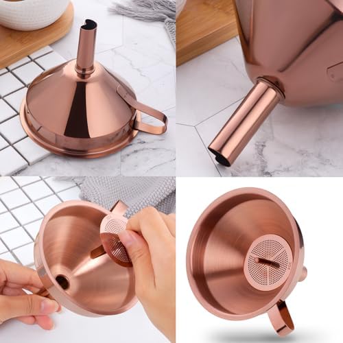 DOCBLACK Stainless Steel Funnel Set of 2, Stainless Steel Funnel with Removable Strainer and Handle, Food Grade Metal Kitchen Funnel for Fluid, Liquid, Oil, Powder Filling Bottles (Silver & Rosegold)
