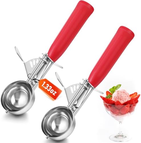 Reallnaive 2 Pcs Ice Cream Scooper with Trigger, 1.33 oz, Red
