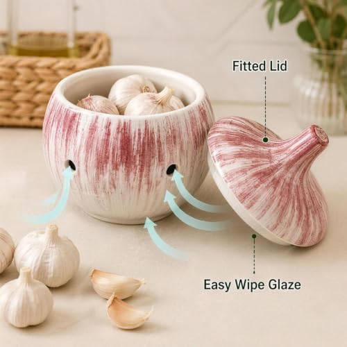 Brush Glaze Ceramic Garlic Container Keeper Holder Counter Storage Pot Kitchen Pantry Farmhouse Dining Table Countertop Organizer