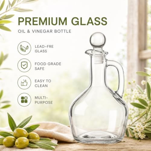 Suclain 6 Sets 14oz Glass Oil and Vinegar Cruet Set Round Oil Dispenser Olive Bottle with Airtight Stopper Salad Dressing Bottle Glass Condiment Container for Kitchen Homemade Olive Condiment(Clear)