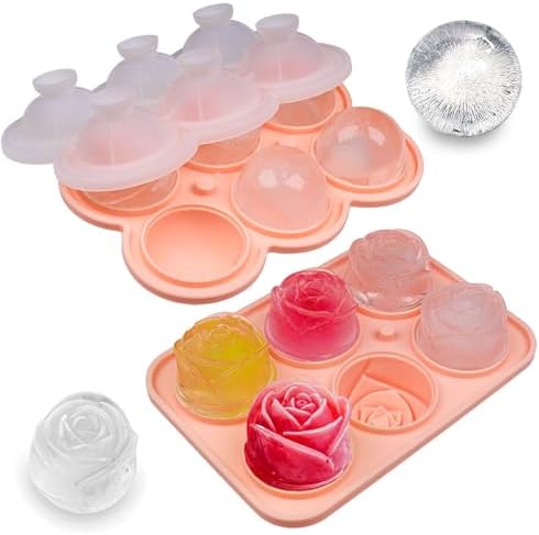 2 Pack Silicone Ice Cube Trays, Pink Rose Ice Cube Mold, Large Sphere Ice Mold with Funnel-type Lid, Makes 6 Rose & 6 Round Ice Balls for Chilling Whiskey Cocktails Drinks