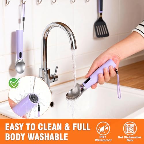 Heated Ice Cream Scoop Rechargeable, Electric Ice Cream Scooper with 3-Temp Settings, LED Display & IPX7 Waterproof, Ergonomic Silicone Handle, House Warming Gifts for Women Men Friend (purple)