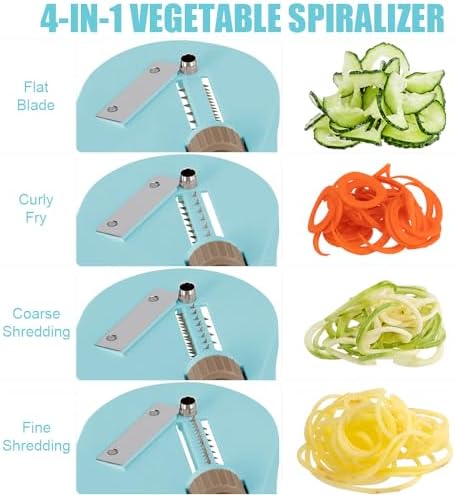 Vegetable Spiralizer 4-IN-1 Rotating Blade Veggie Spiralizer Zucchini Noodle Maker with Strong Suction Cup Spiral Vegetable Cutter Slicer - Blue