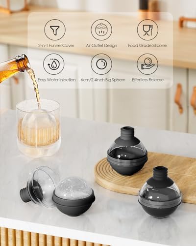 Large Ice Ball Molds for Whiskey & Cocktails with Funnel Lid - Big Sphere Ice Cube Trays for Drinks, Bourbon, and Wine, Silicone Round Ice Maker for Freezer (Set of 4) - Reusable Easy-Release Ice Tray