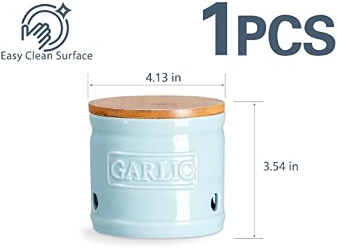 ONEMORE Garlic Keeper with Lid, Ceramic Garlic Saver 4 inch, Light Blue