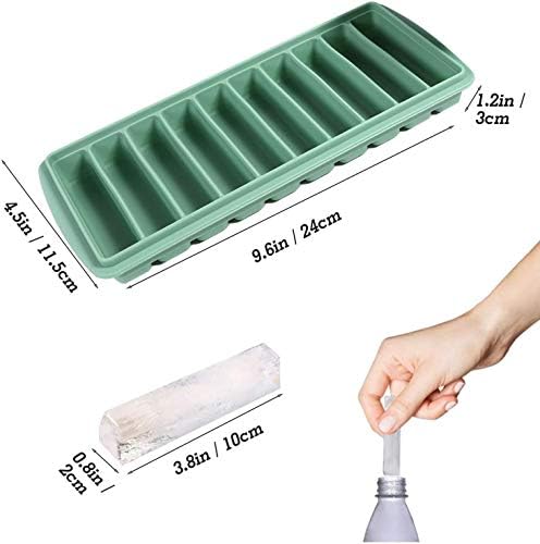 LessMo 2 PCS Ice Cube Tray, Long Ice Stick Tray Silicone with Lid, Rectangular Narrow Stick, Reusable, Flexible, Easy Release, for Small Mouth Sport Bottles, Juice Bottles, Cocktail Parties, Green
