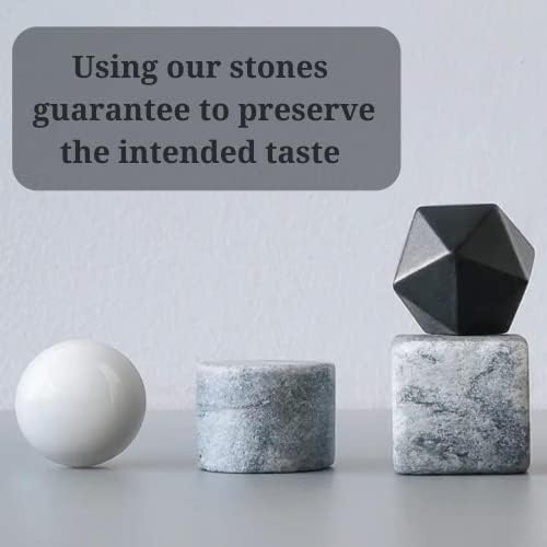 A&A Wonders Premium Whiskey Stones 100% Natural Granite Set of 4 Chilling Rocks Stone Reusable Ice Cubes for Drinks with Velvet Carrying Pouch, Gift for Whiskey Lovers (4 Geometrical Shapes)