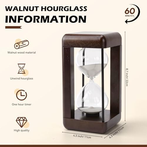 Hourglass Timer 60 Minute,Large Premium Walnut Sand Timer,Decor for Home, Desk,Office, Wedding Decor (White)